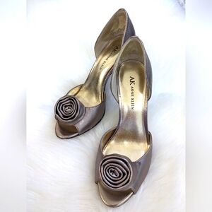 Anne Klein bronze leather upper open toe high heels